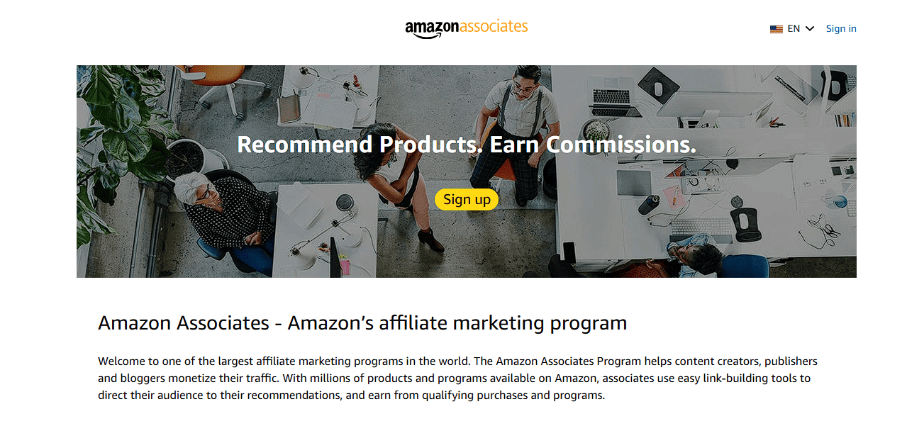 Affiliate marketing amazon associates sign up page